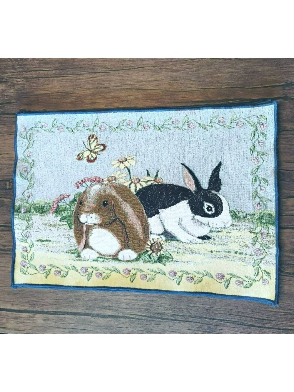 Vintage Bunny Butterfly Tapestry Placemats, Set Of 8, Floral Border 12x18 Inches